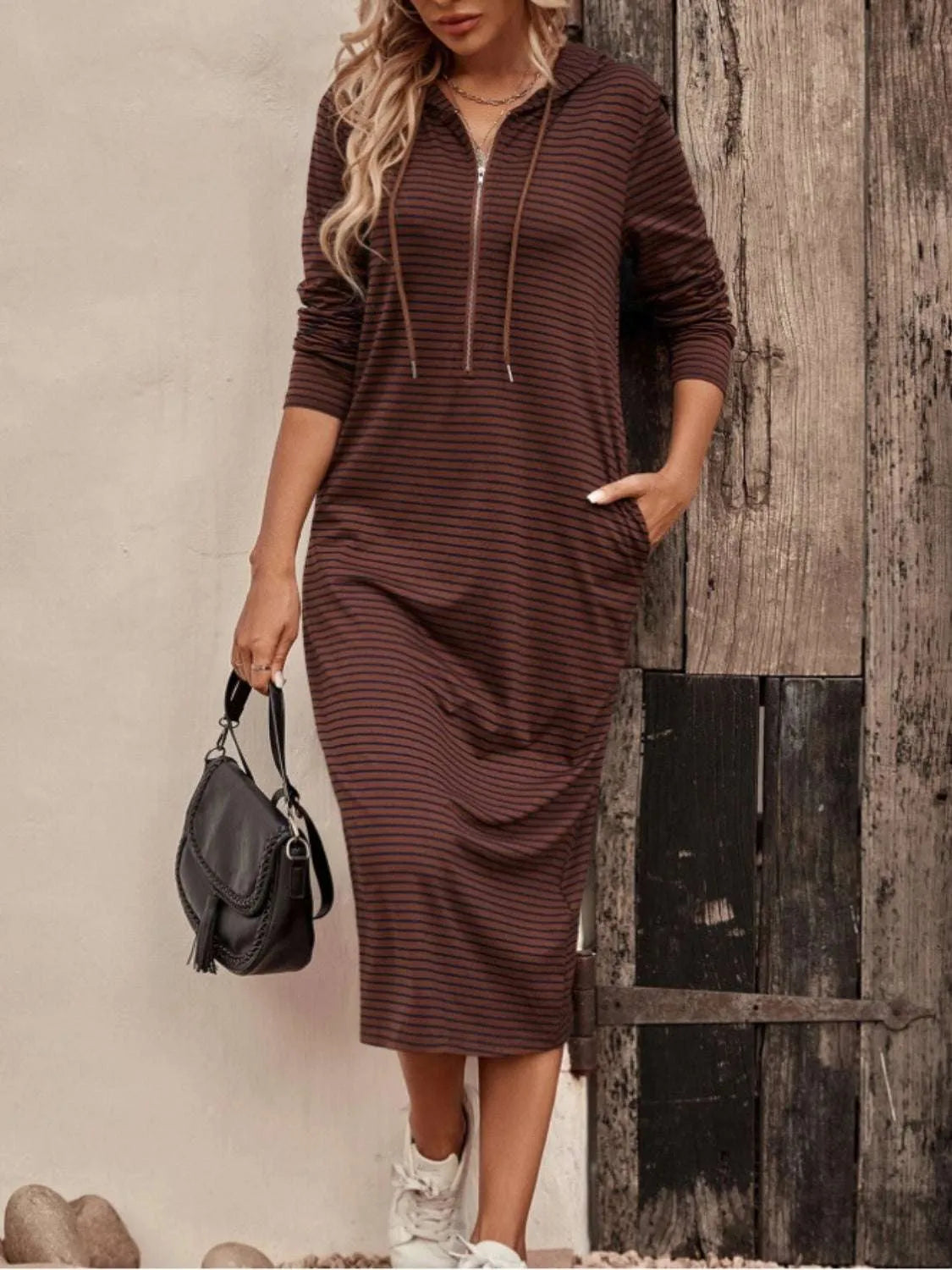 Striped Zip Front Hooded Dress - Codrington Expressions