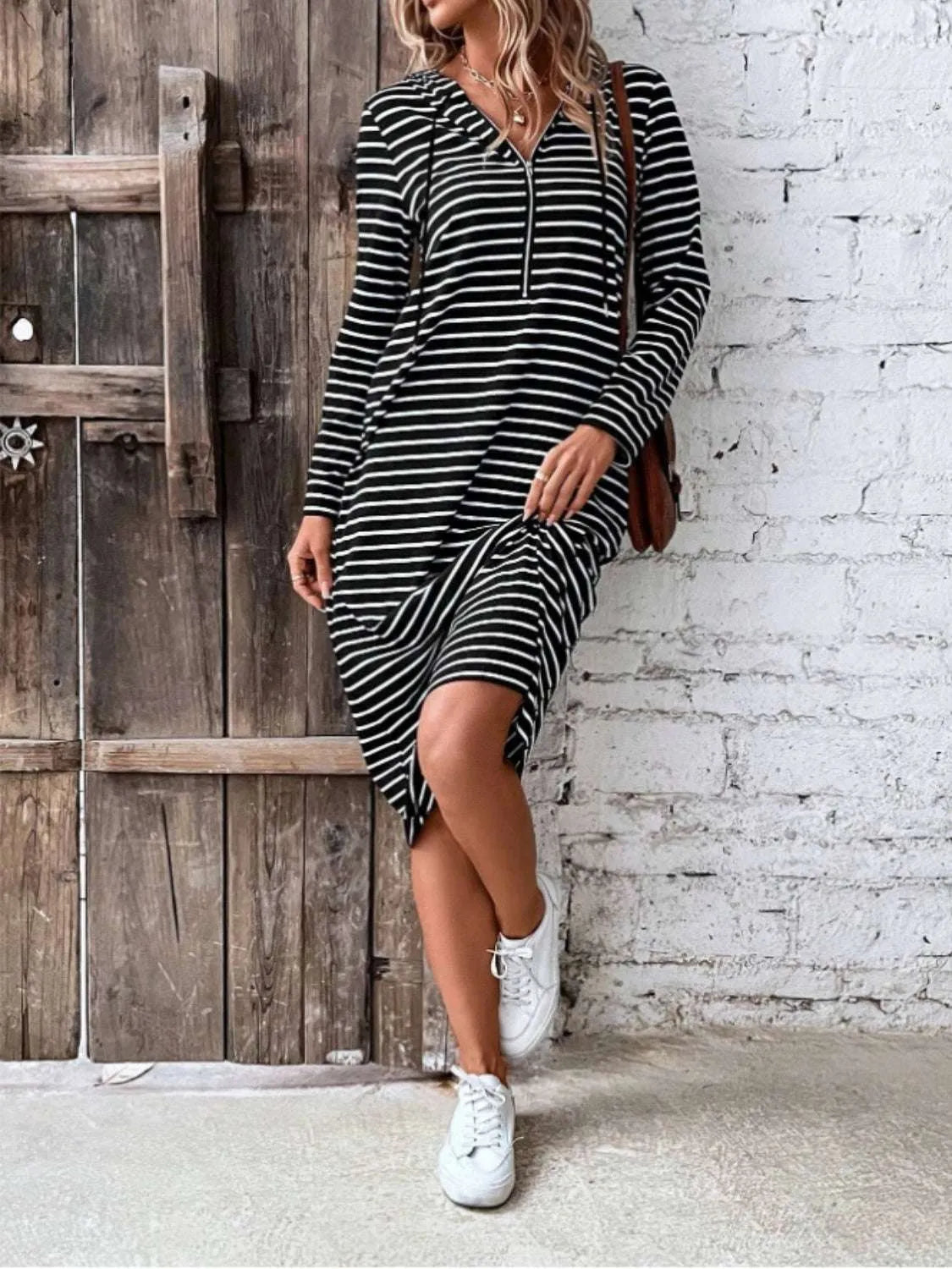 Striped Zip Front Hooded Dress - Codrington Expressions