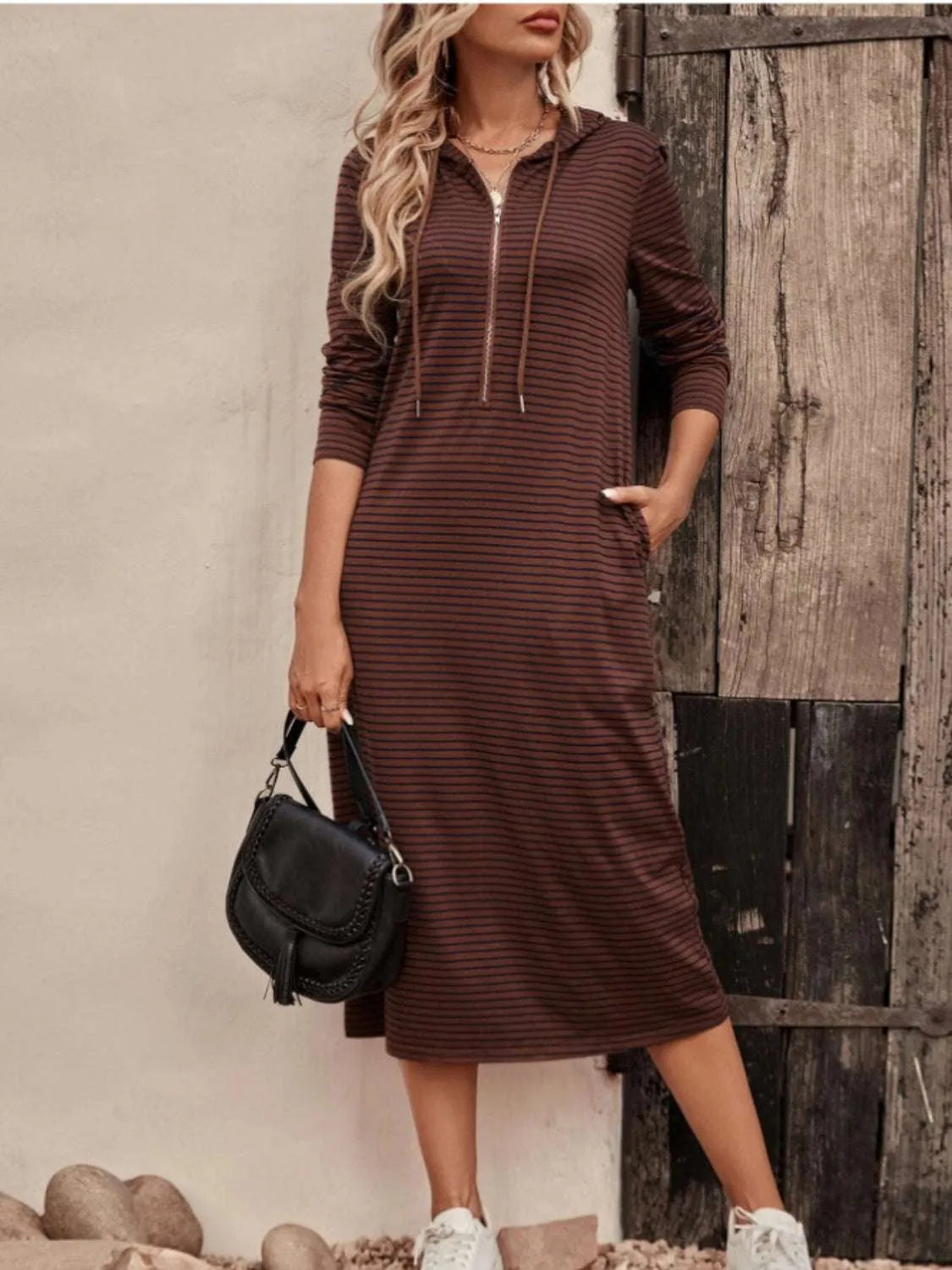 Striped Zip Front Hooded Dress - Codrington Expressions