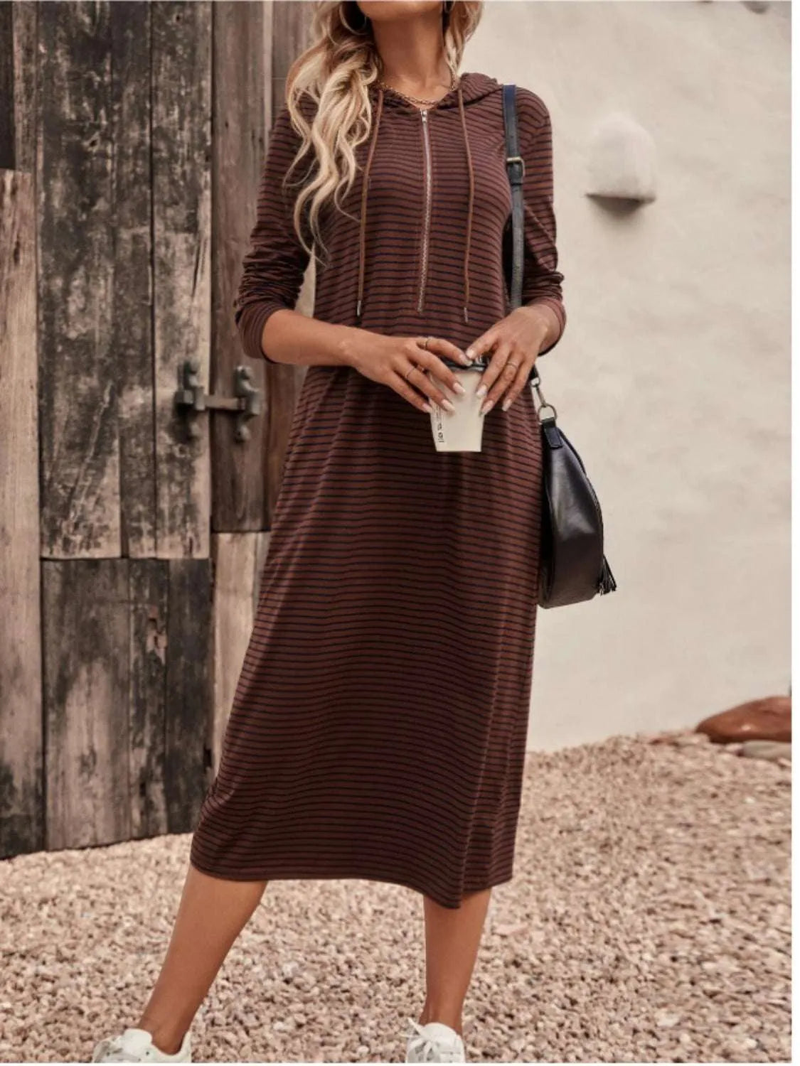 Striped Zip Front Hooded Dress - Codrington Expressions