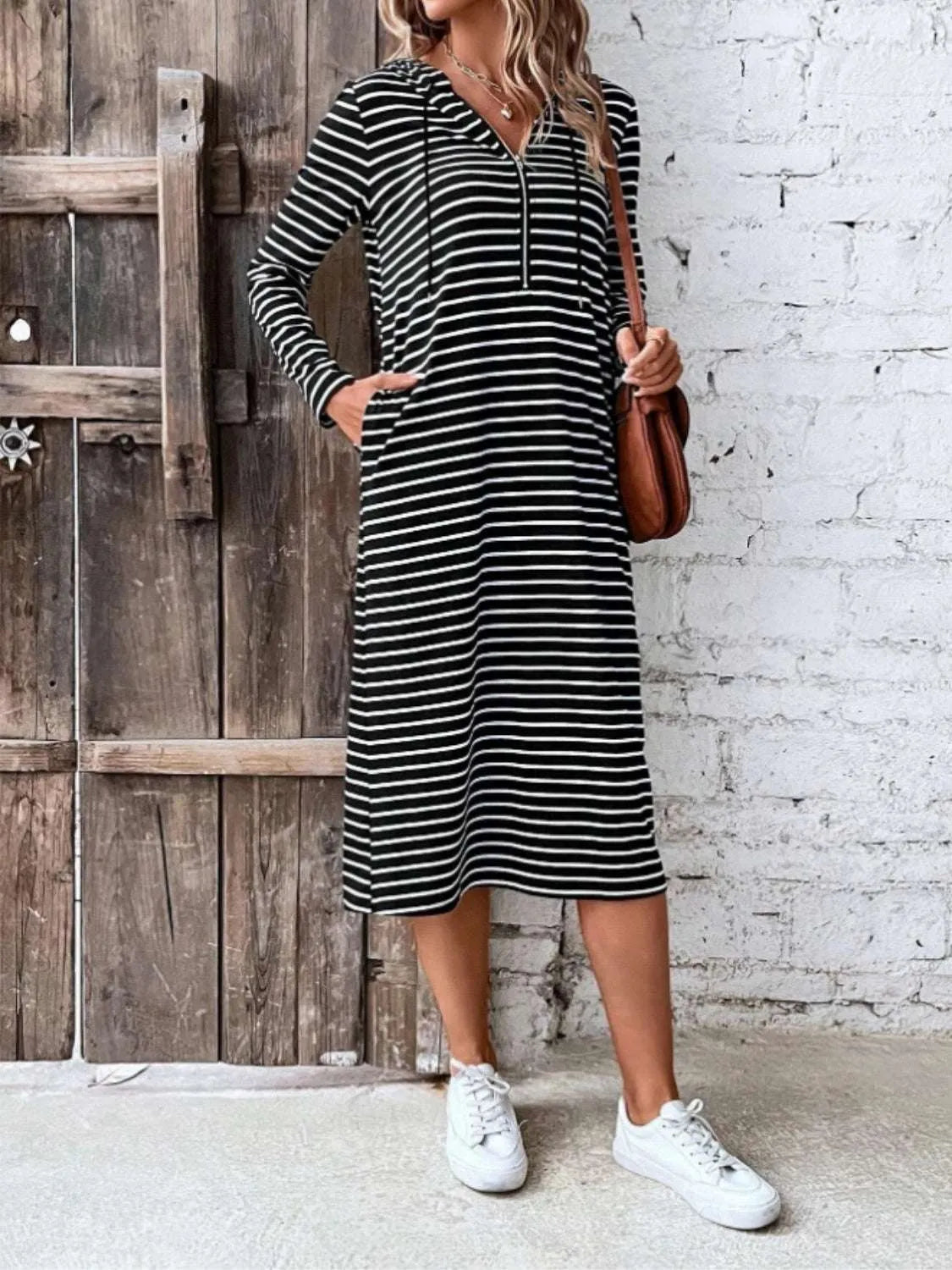 Striped Zip Front Hooded Dress - Codrington Expressions