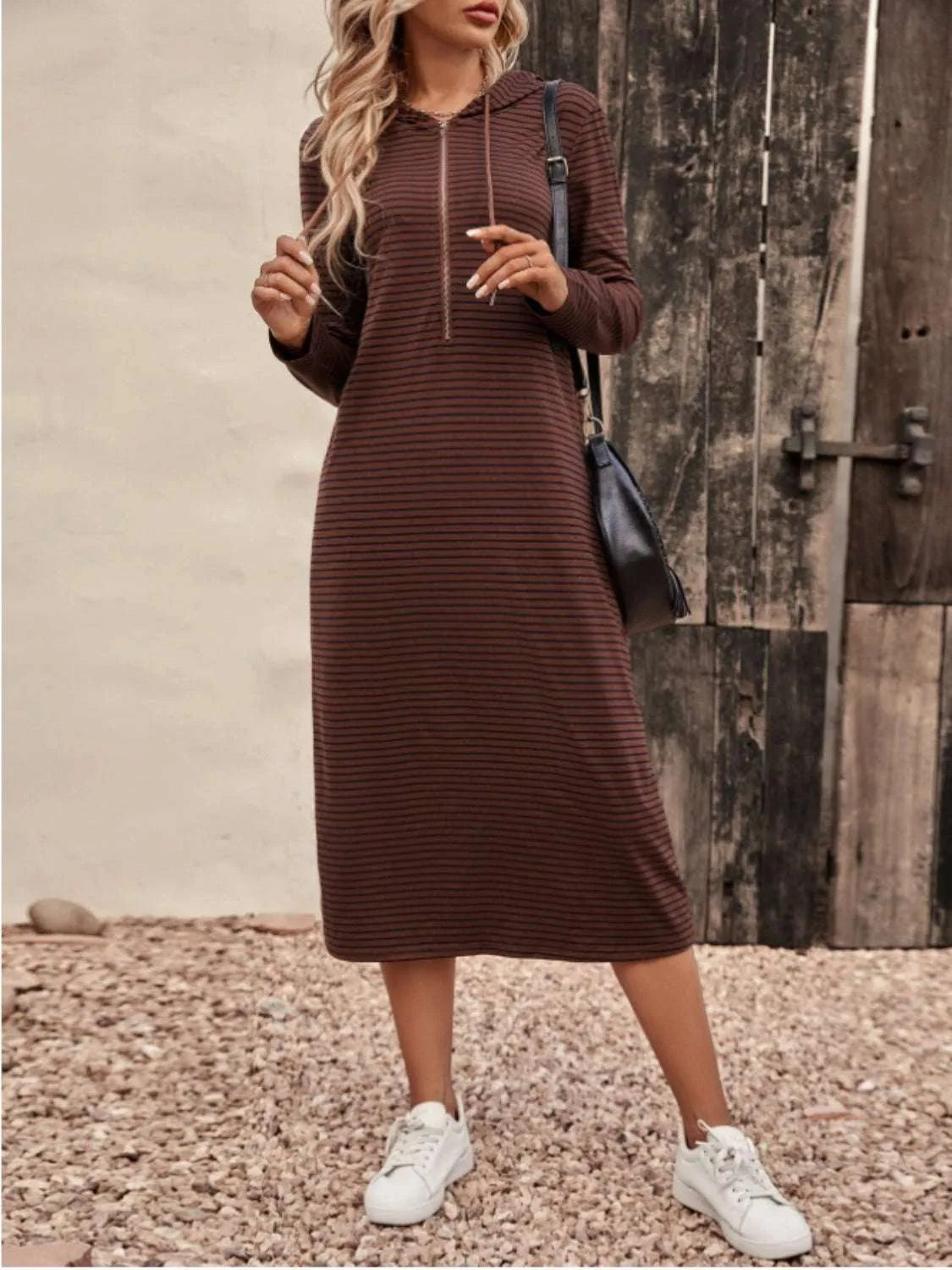 Striped Zip Front Hooded Dress - Codrington Expressions