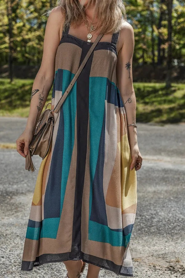 Color Block Square Neck Wide Strap Dress - Codrington Expressions