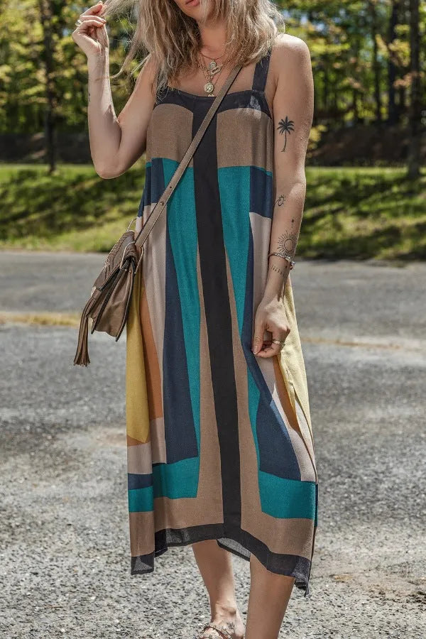Color Block Square Neck Wide Strap Dress - Codrington Expressions