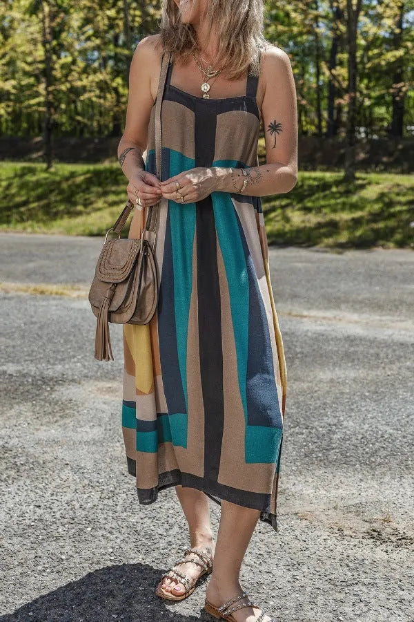 Color Block Square Neck Wide Strap Dress - Codrington Expressions