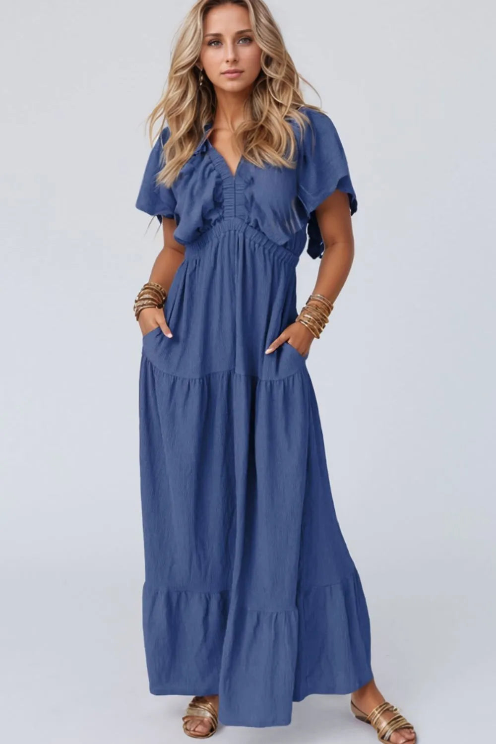 Ruffled V-Neck Short Sleeve Maxi Dress - Codrington Expressions