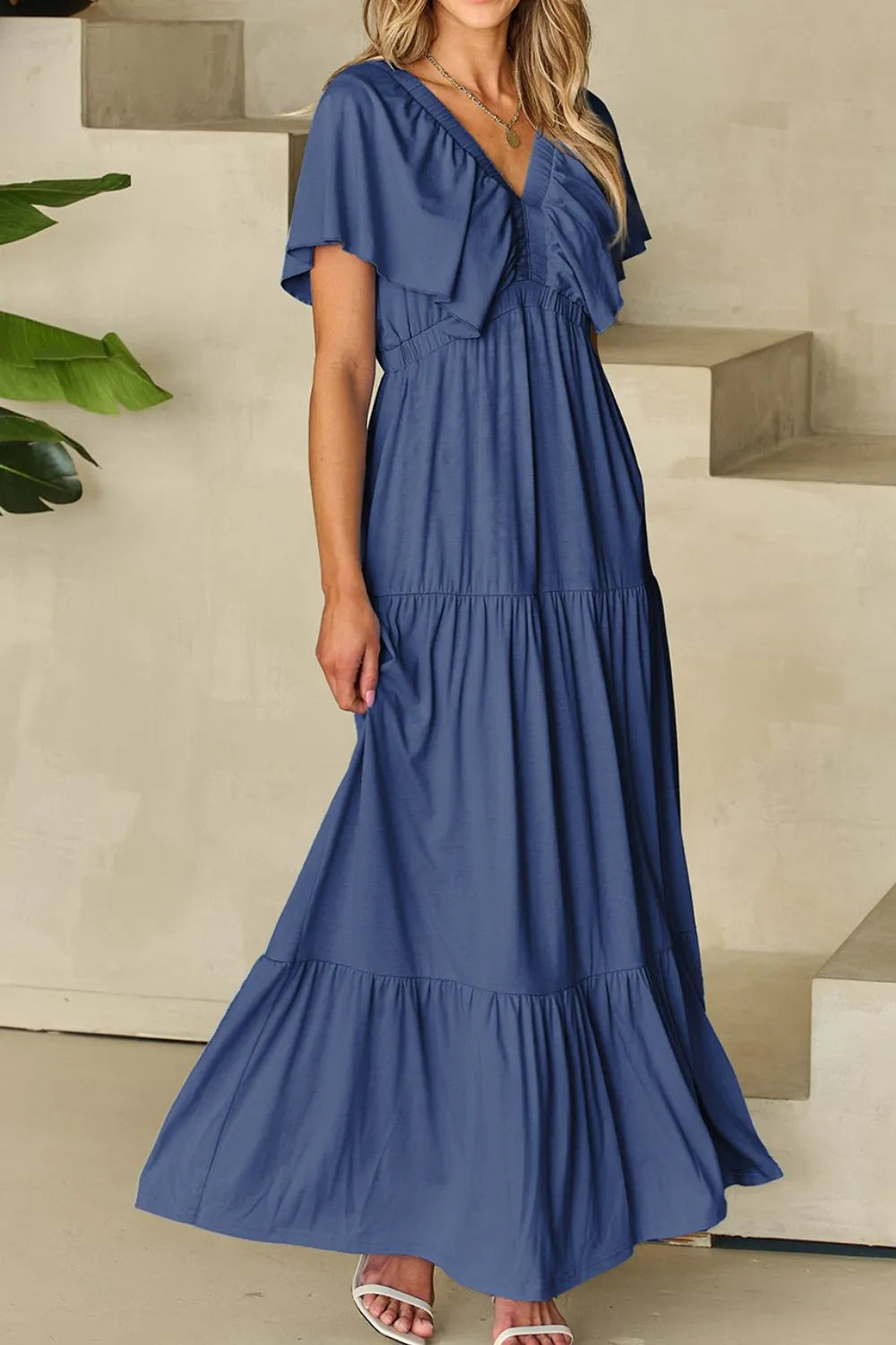 Ruffled V-Neck Short Sleeve Maxi Dress - Codrington Expressions