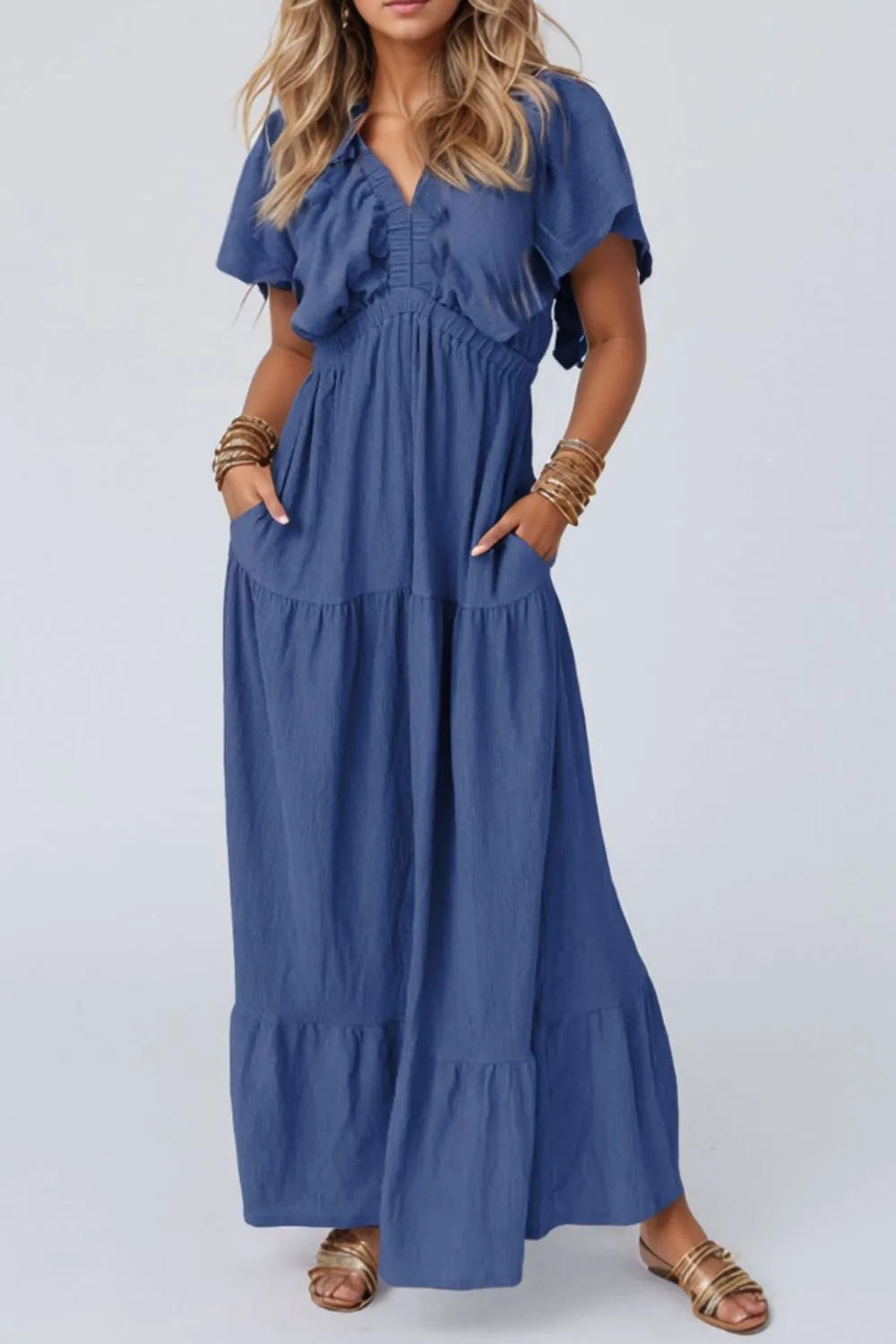 Ruffled V-Neck Short Sleeve Maxi Dress - Codrington Expressions