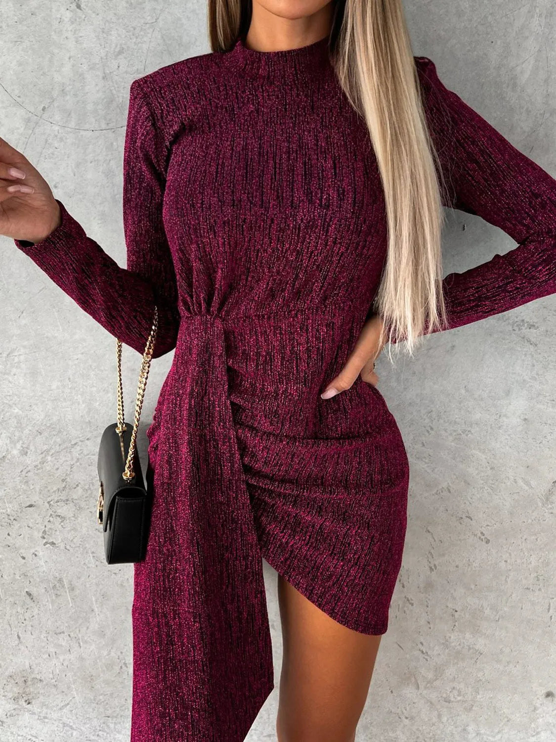Heathered Mock Neck Long Sleeve Mini Dress - Codrington Expressions