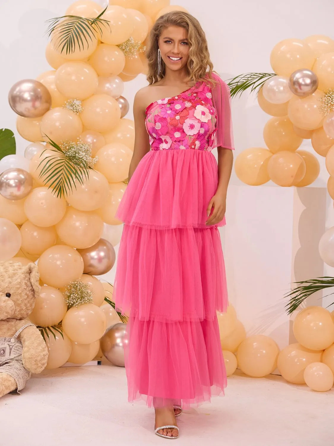 Embroidered Layered Single Shoulder Midi Dress - Codrington Expressions