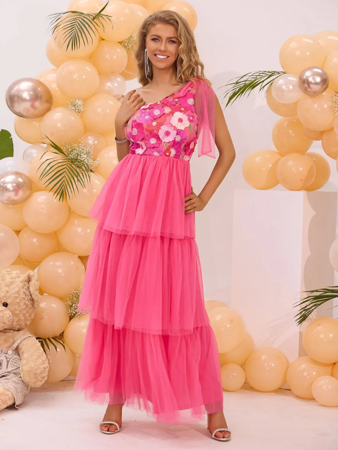 Embroidered Layered Single Shoulder Midi Dress - Codrington Expressions