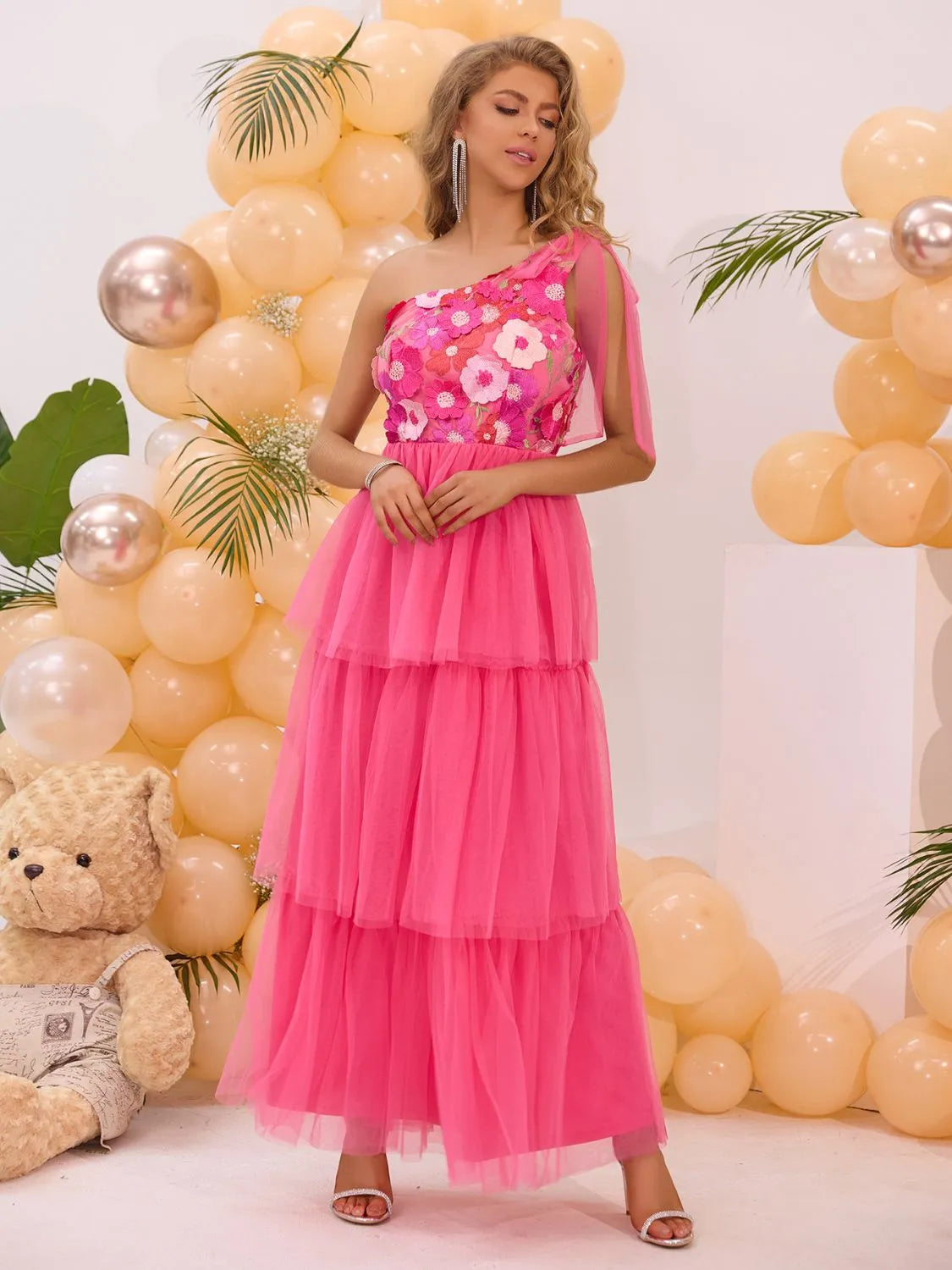 Embroidered Layered Single Shoulder Midi Dress - Codrington Expressions