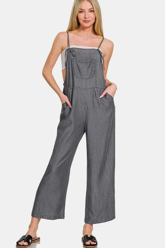 Zenana Washed Adjustable Strap Wide Leg Denim Overalls - Codrington Expressions