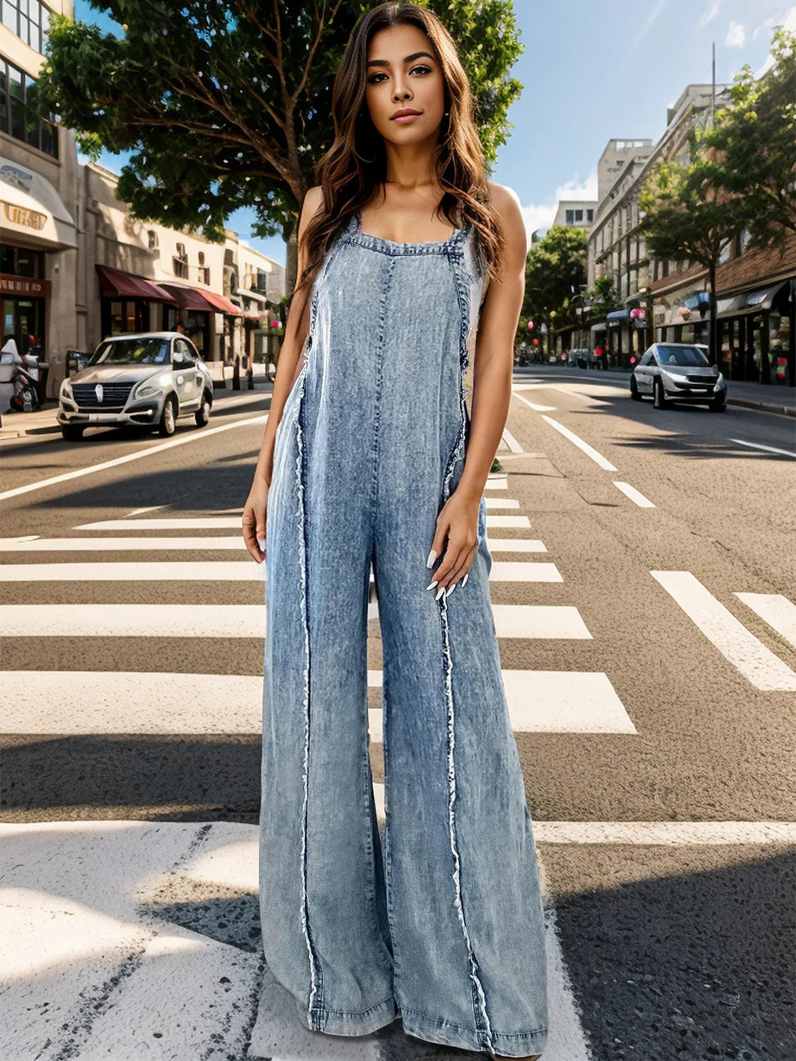 Adjustable Strap Wide Leg Denim Overalls - Codrington Expressions