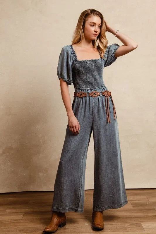 BiBi Smocked Washed Puff Sleeve Square Neck Denim Jumpsuit - Codrington Expressions