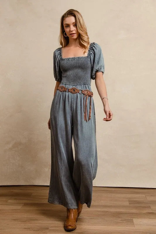 BiBi Smocked Washed Puff Sleeve Square Neck Denim Jumpsuit - Codrington Expressions