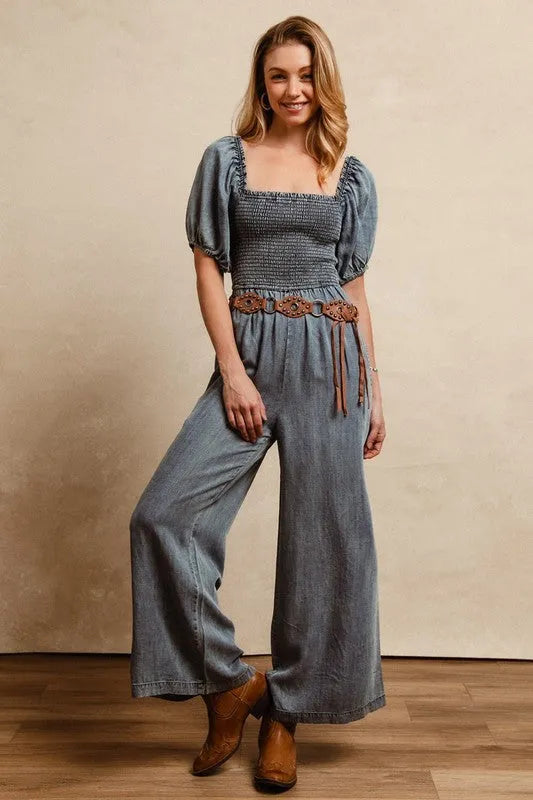 BiBi Smocked Washed Puff Sleeve Square Neck Denim Jumpsuit - Codrington Expressions