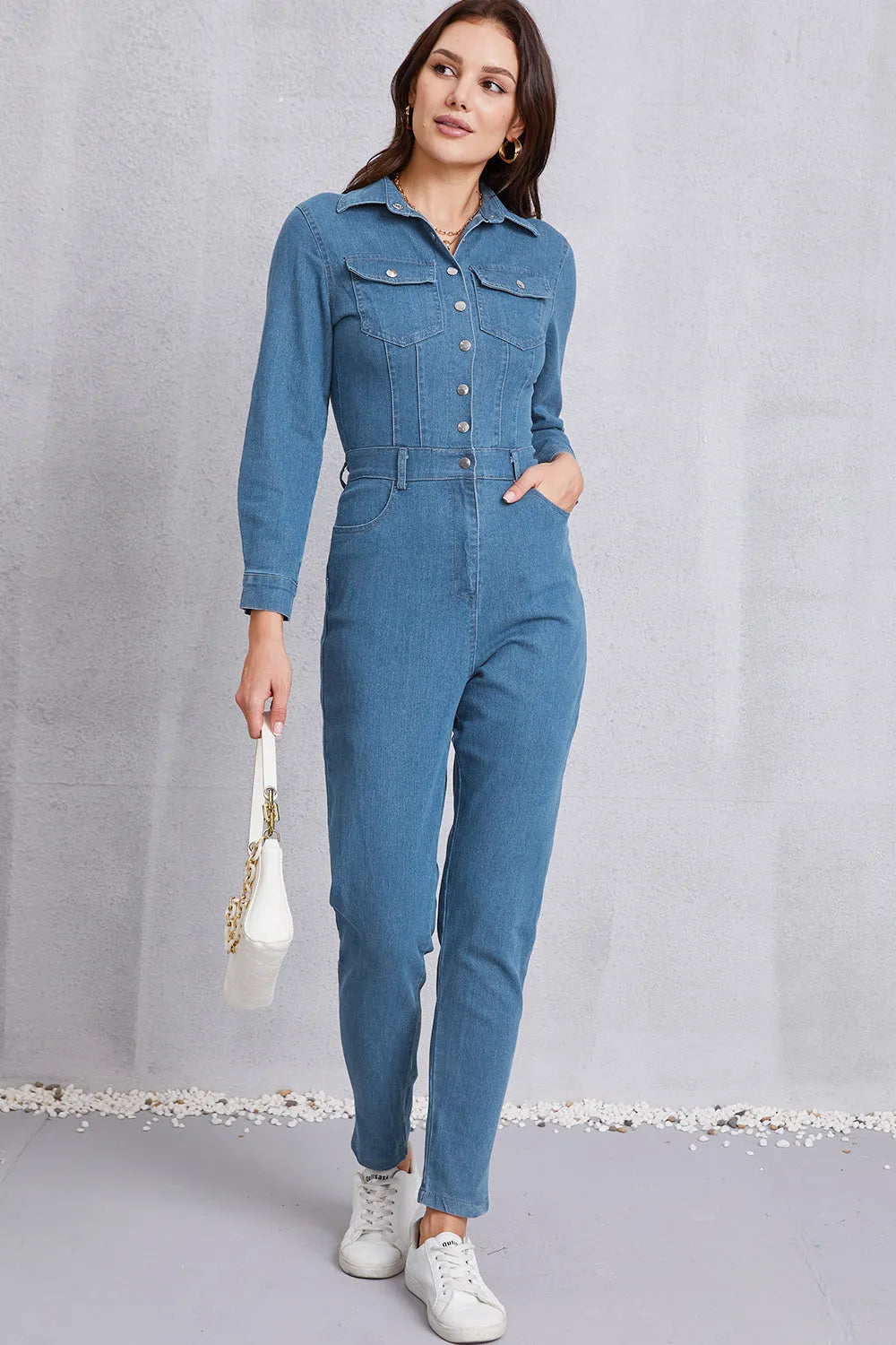 Snap Down Denim Jumpsuit with Pockets - Codrington Expressions