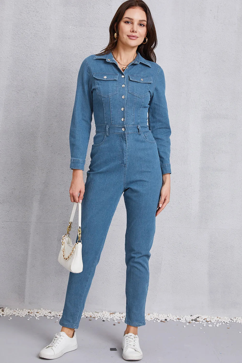 Snap Down Denim Jumpsuit with Pockets - Codrington Expressions