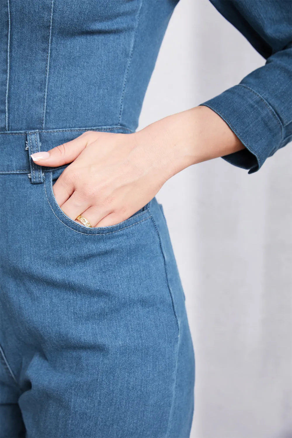 Snap Down Denim Jumpsuit with Pockets - Codrington Expressions