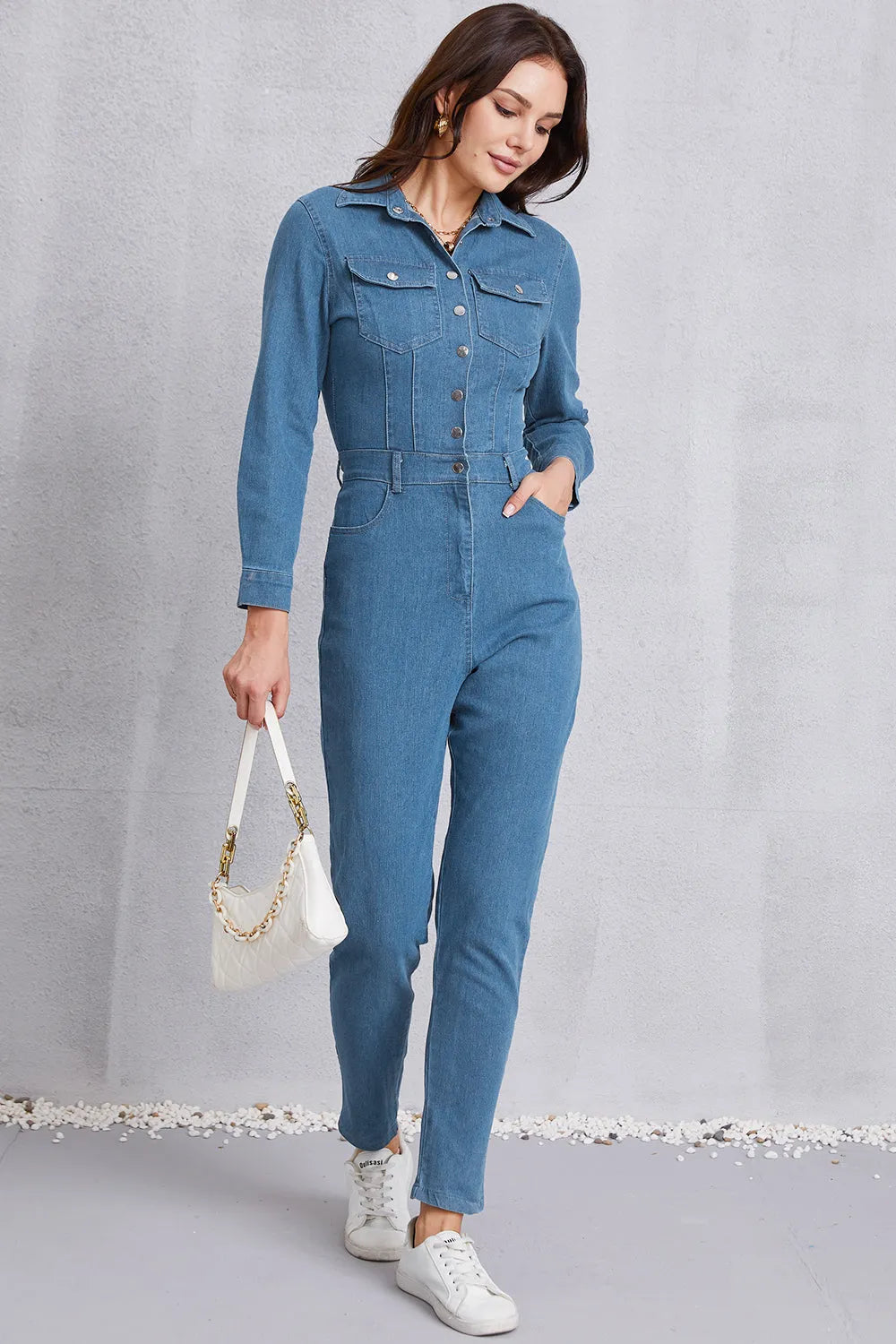 Snap Down Denim Jumpsuit with Pockets - Codrington Expressions