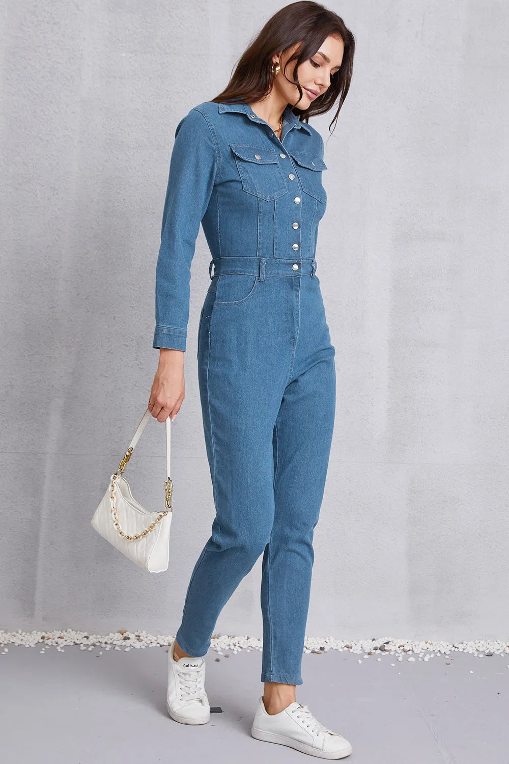 Snap Down Denim Jumpsuit with Pockets - Codrington Expressions