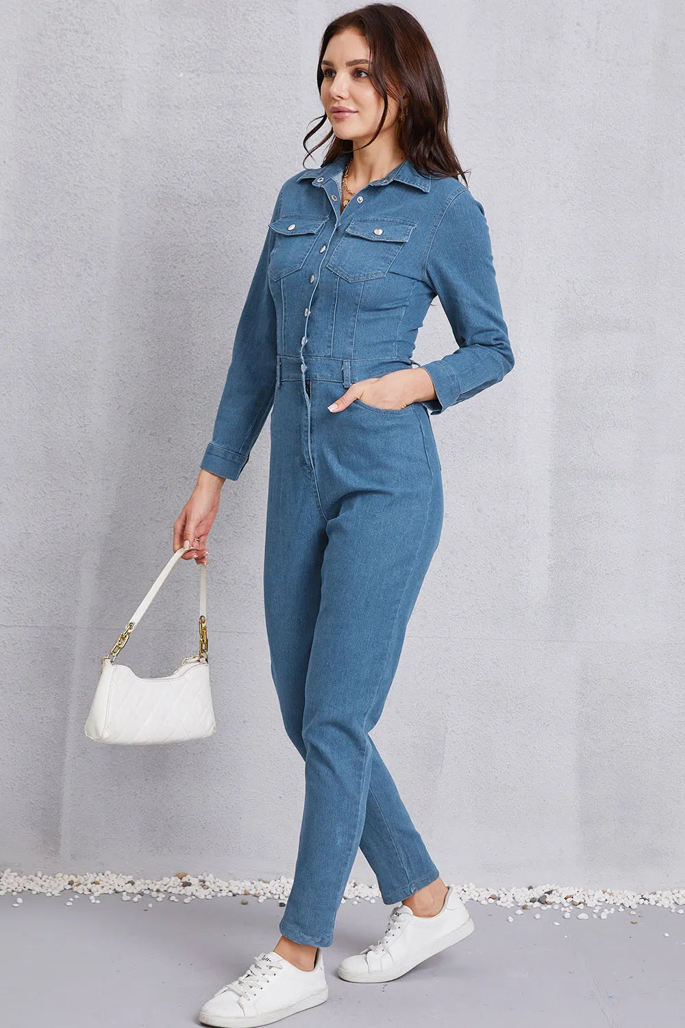 Snap Down Denim Jumpsuit with Pockets - Codrington Expressions