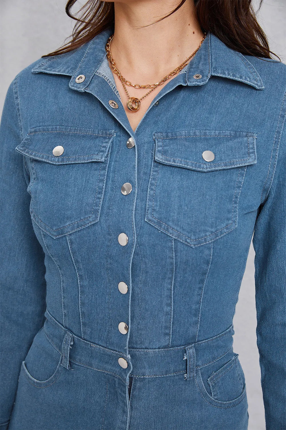 Snap Down Denim Jumpsuit with Pockets - Codrington Expressions