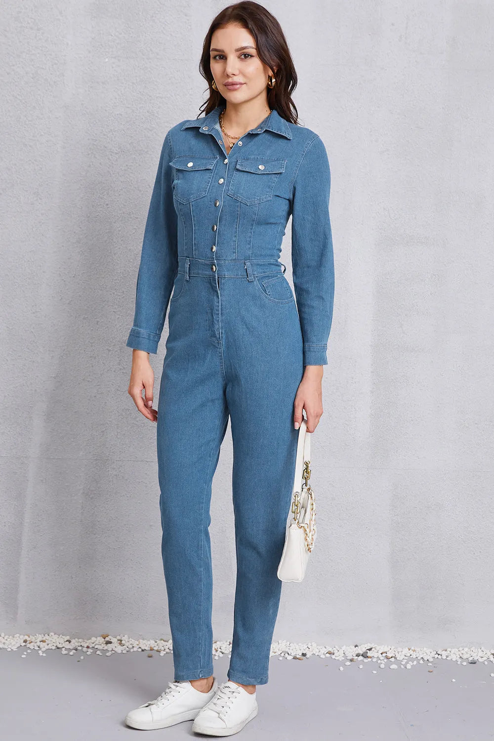 Snap Down Denim Jumpsuit with Pockets - Codrington Expressions