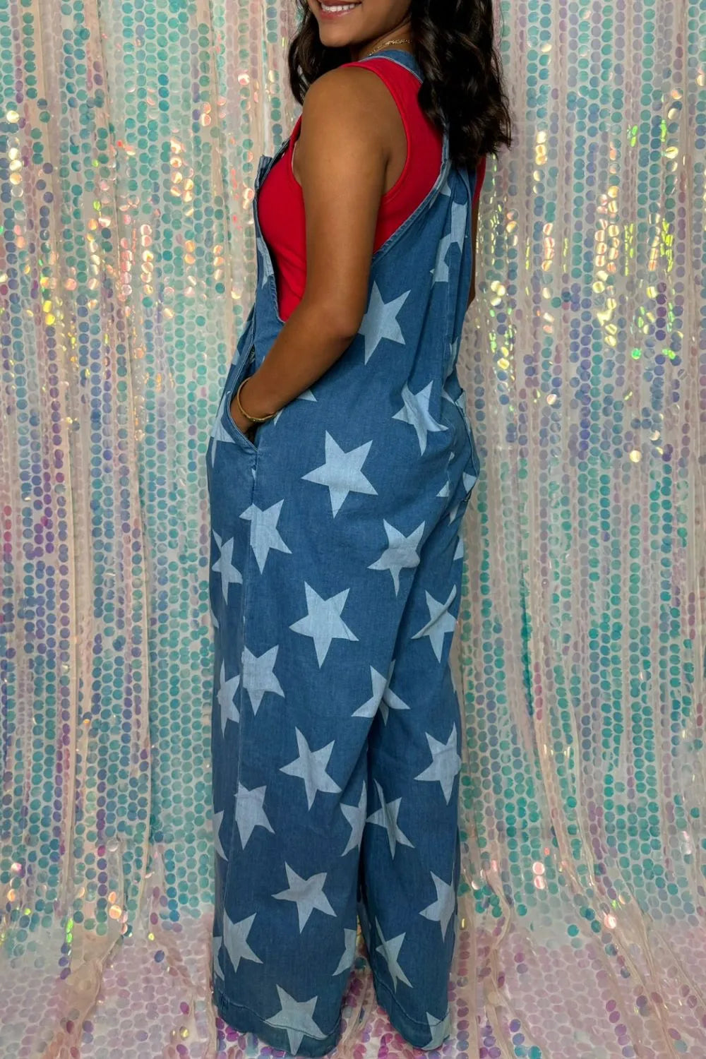Star Print Buttoned Strap Wide Leg Denim Overalls - Codrington Expressions