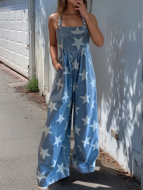 Star Print Buttoned Strap Wide Leg Denim Overalls - Codrington Expressions