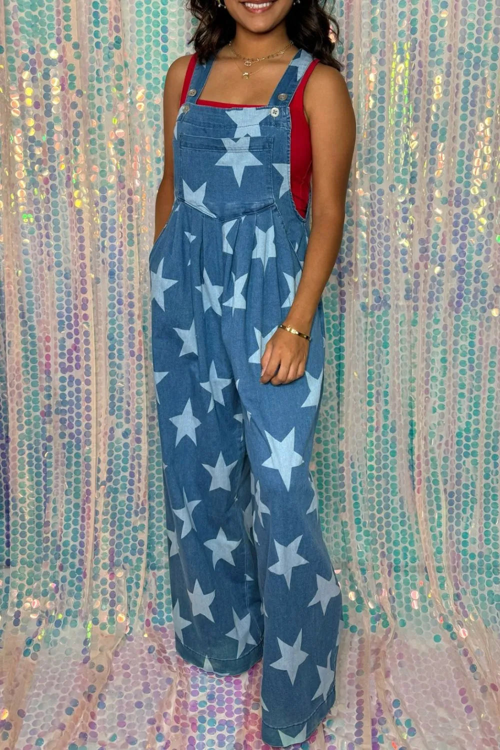 Star Print Buttoned Strap Wide Leg Denim Overalls - Codrington Expressions