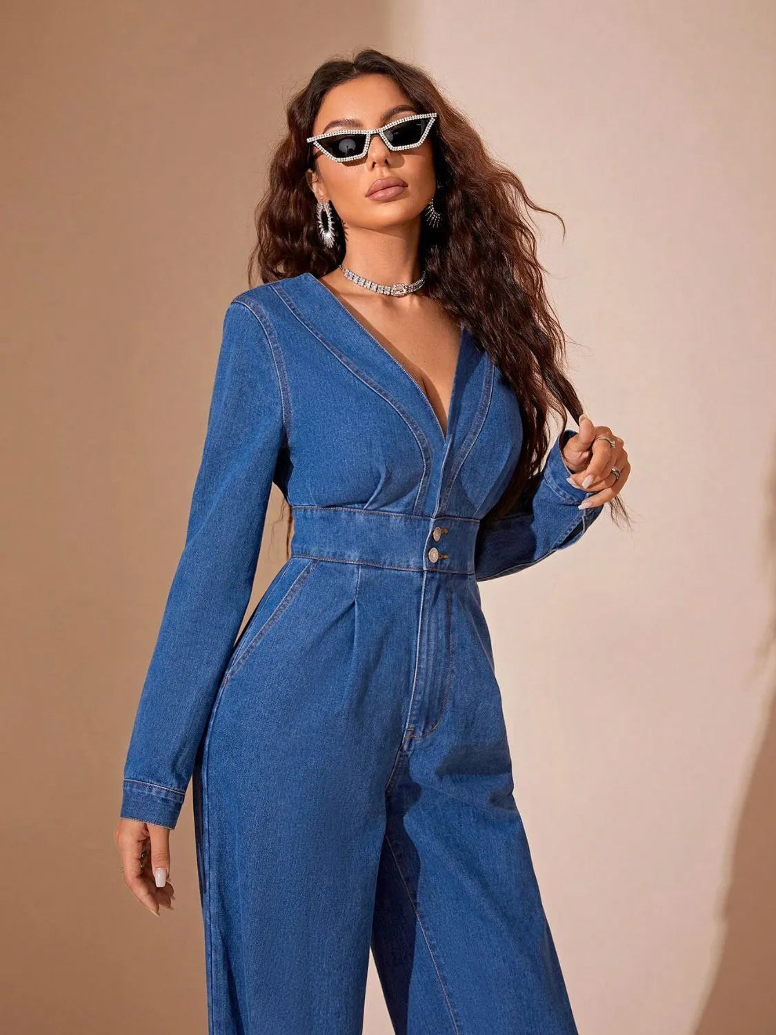 Plunge Long Sleeve Wide Leg Denim Jumpsuit - Codrington Expressions