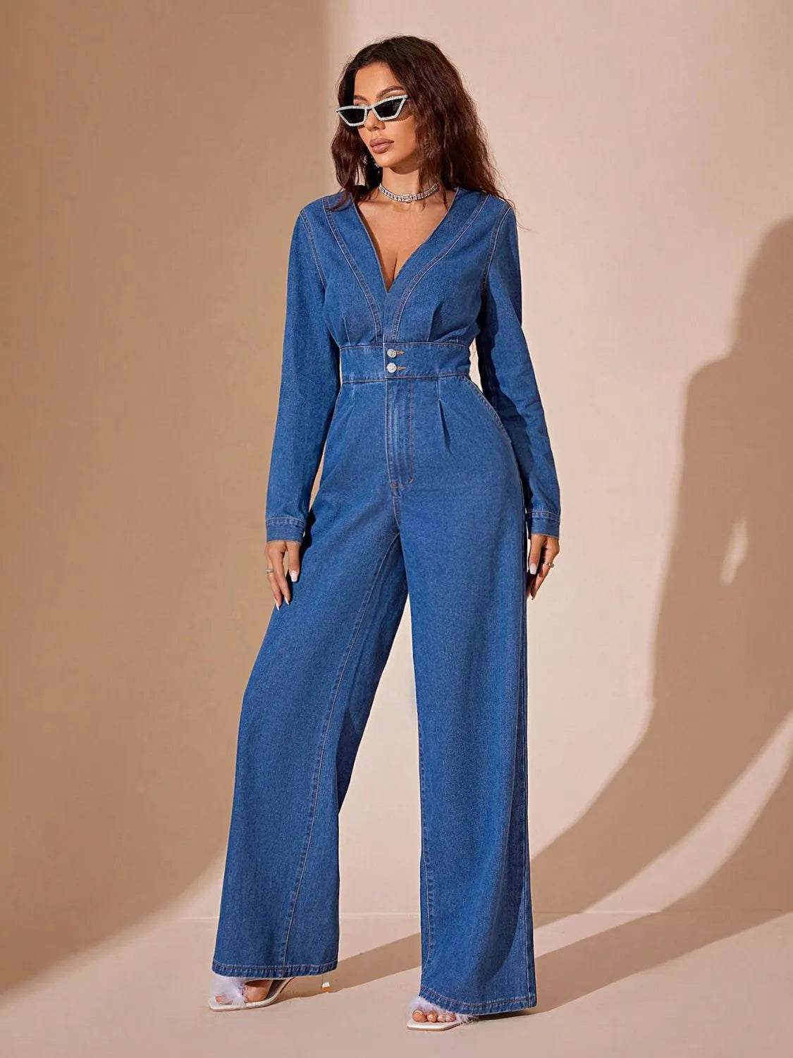 Plunge Long Sleeve Wide Leg Denim Jumpsuit - Codrington Expressions