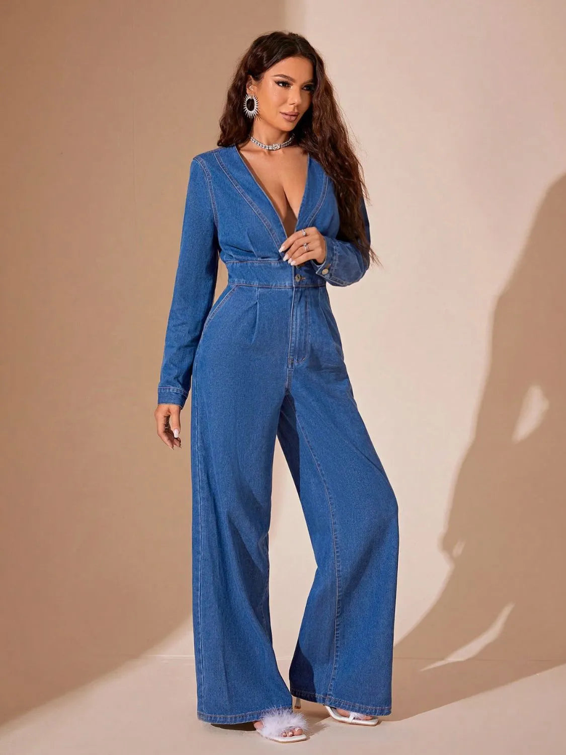 Plunge Long Sleeve Wide Leg Denim Jumpsuit - Codrington Expressions