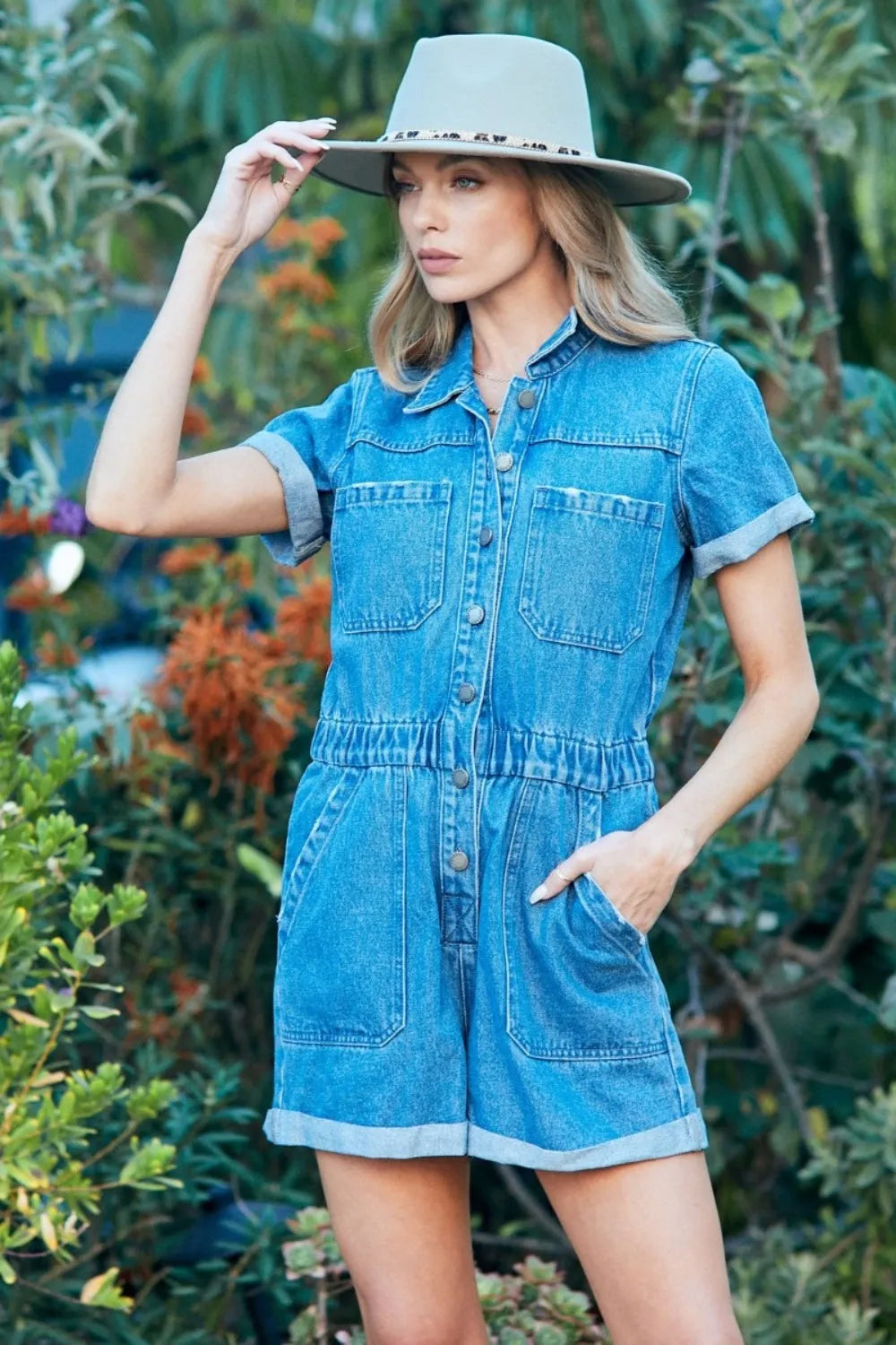 Veveret Elastic Waistband Denim Romper - Codrington Expressions