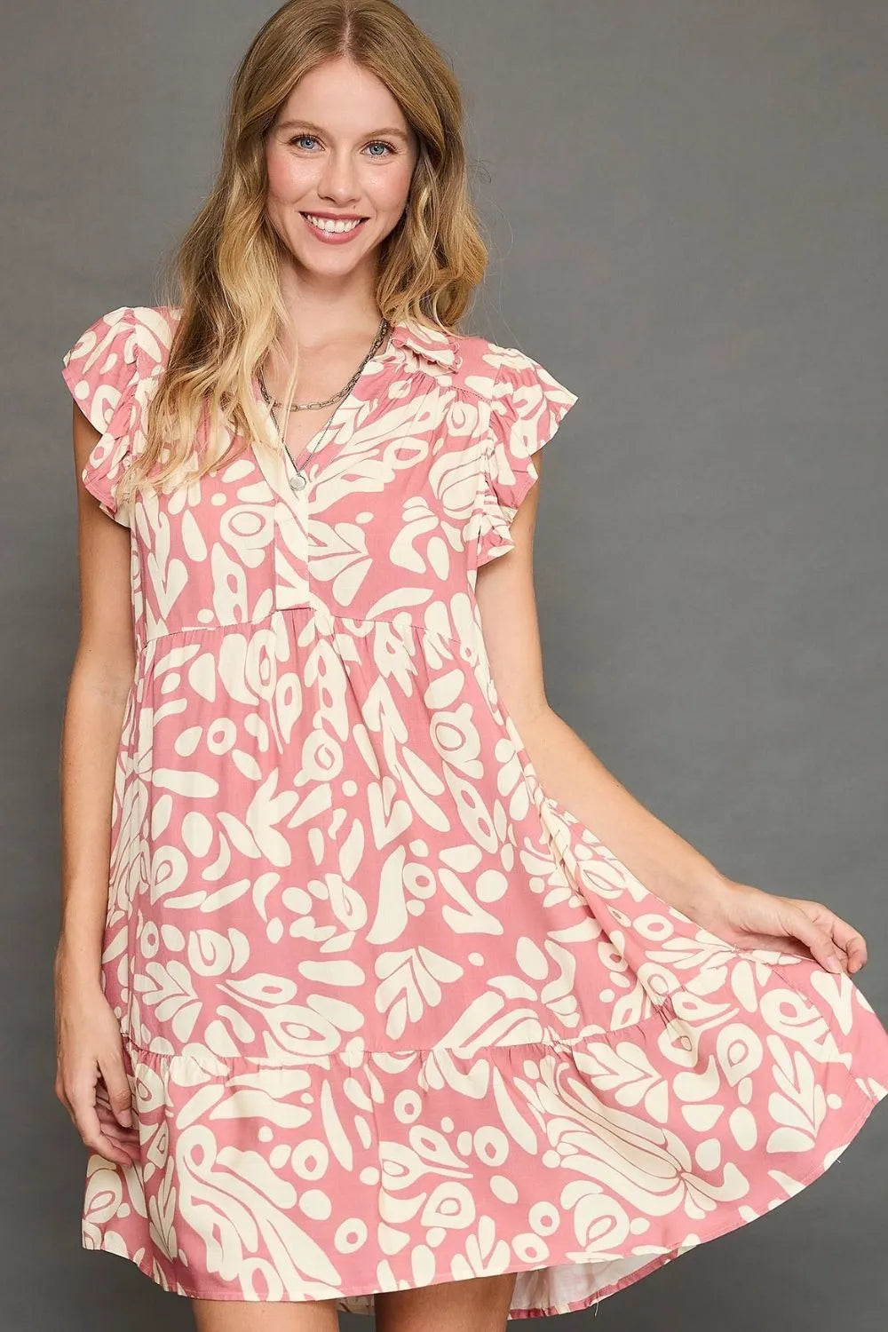 Umgee Full Size Two Tone Printed Ruffled Cap Sleeve Mini Dress Plus Size - Codrington Expressions