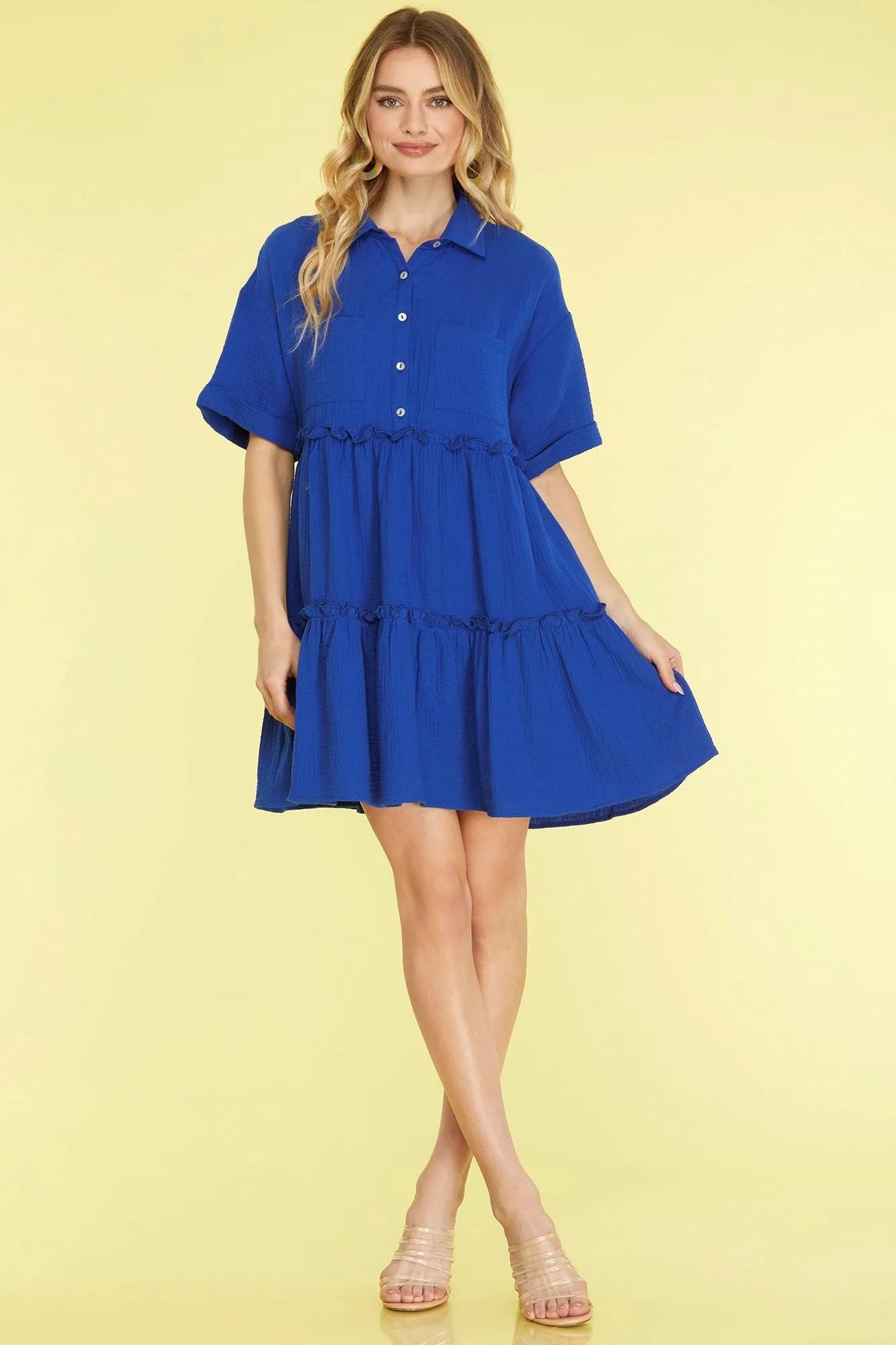 She + Sky Full Size Button Front Frill Tiered Mini Dress Plus Size - Codrington Expressions