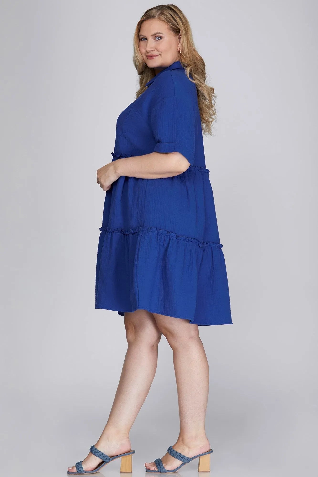 She + Sky Full Size Button Front Frill Tiered Mini Dress Plus Size - Codrington Expressions
