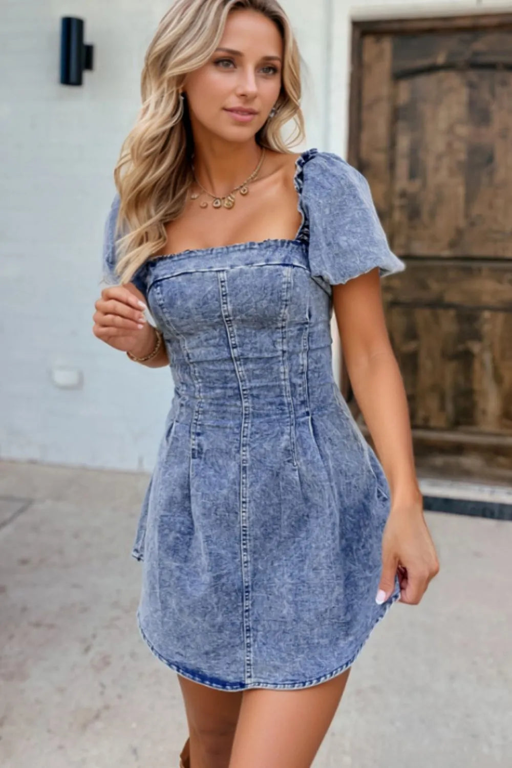 Tie Back Square Neck Puff Sleeve Denim Dress - Codrington Expressions