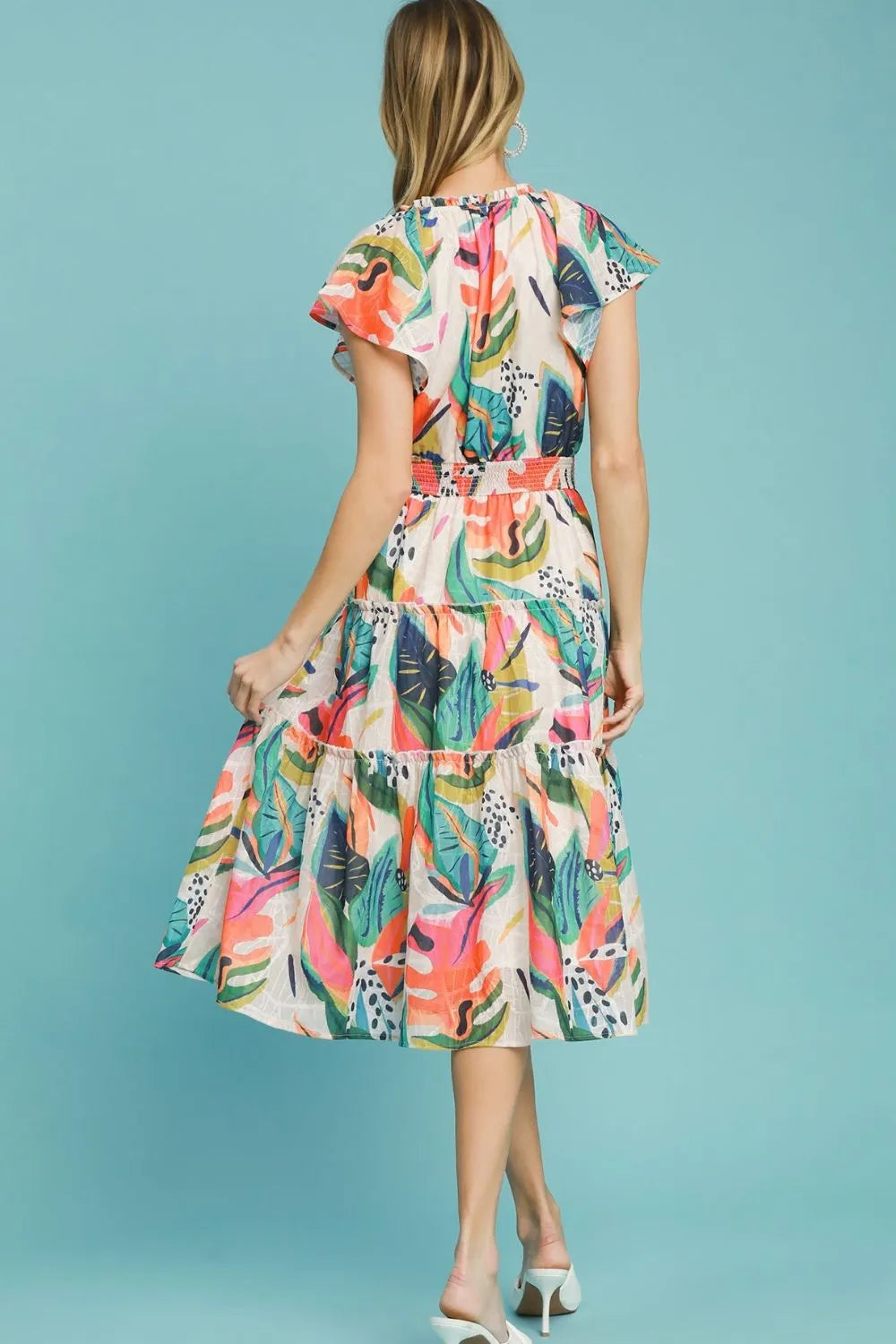 Umgee Full Size Leaf Print Cap Sleeve Tiered Midi Dress Plus Size - Codrington Expressions