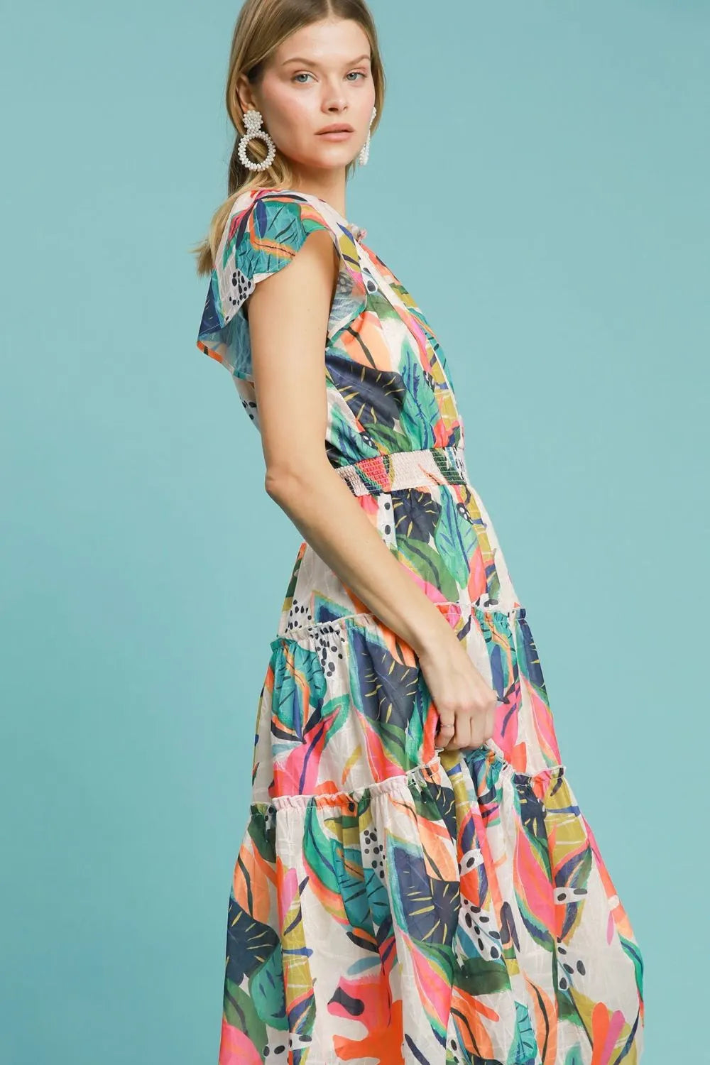 Umgee Full Size Leaf Print Cap Sleeve Tiered Midi Dress Plus Size - Codrington Expressions