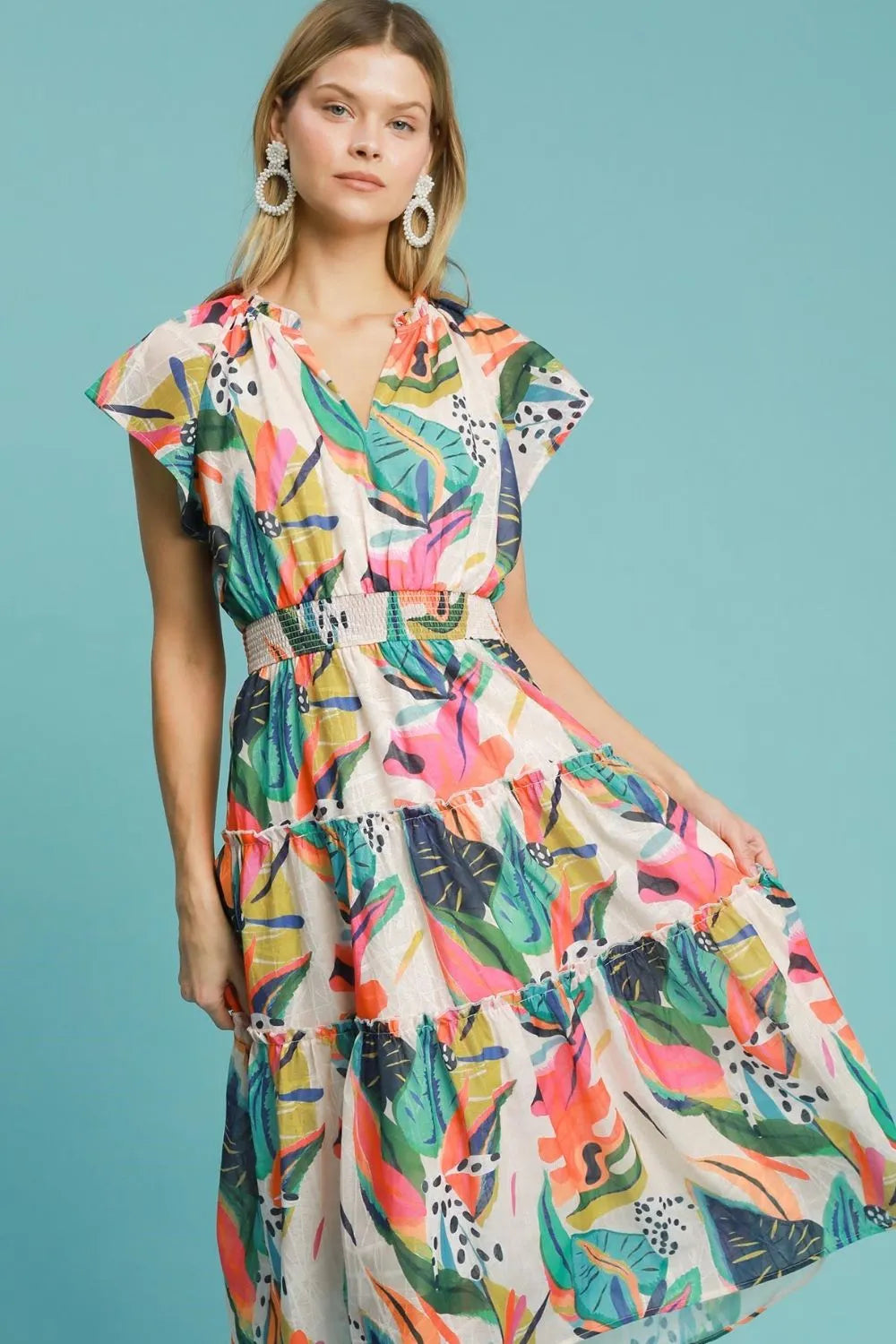 Umgee Full Size Leaf Print Cap Sleeve Tiered Midi Dress Plus Size - Codrington Expressions