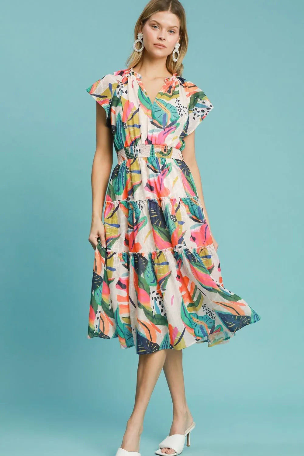 Umgee Full Size Leaf Print Cap Sleeve Tiered Midi Dress Plus Size - Codrington Expressions