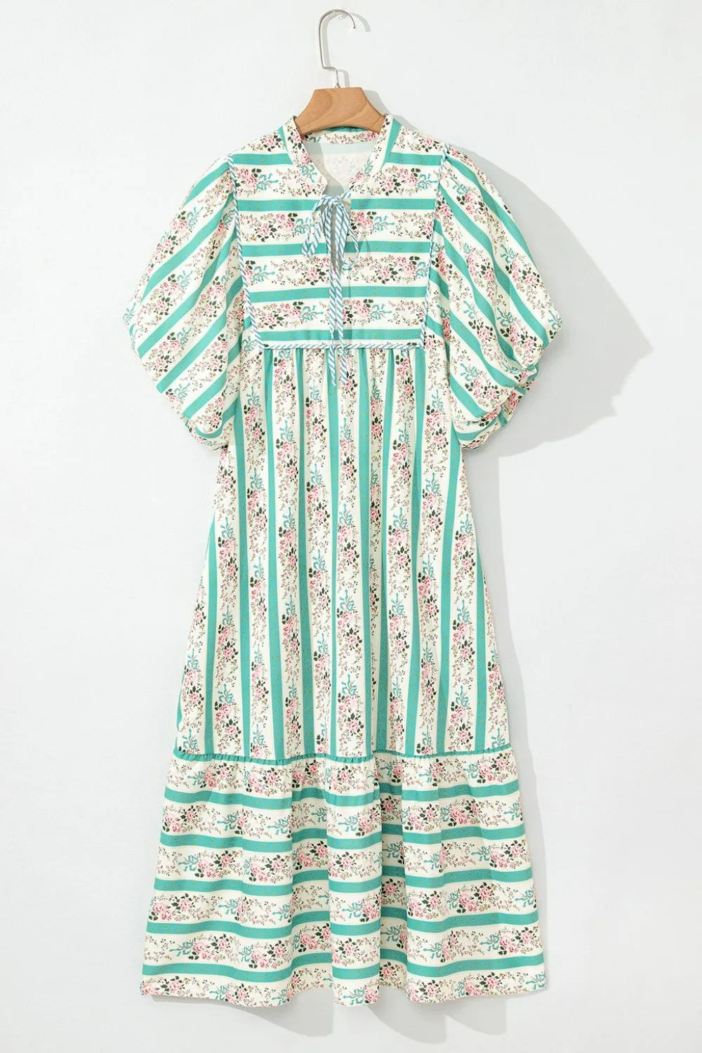 Striped Floral Print Tie Neck Puff Sleeve Midi Dress - Codrington Expressions