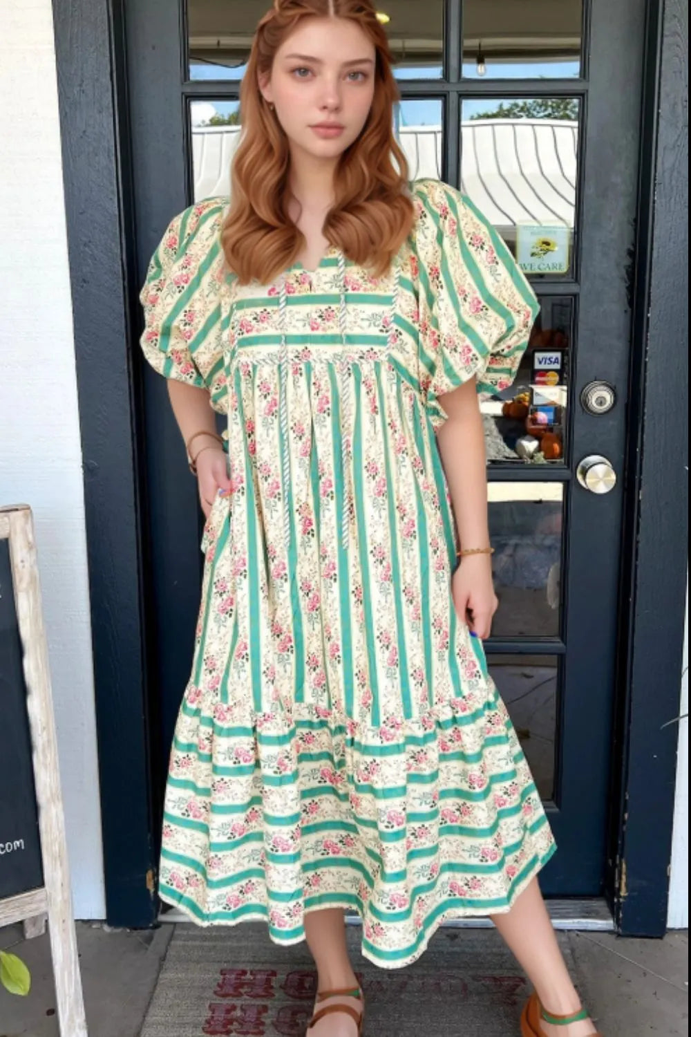 Striped Floral Print Tie Neck Puff Sleeve Midi Dress - Codrington Expressions