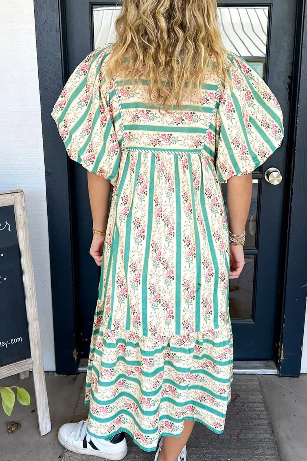 Striped Floral Print Tie Neck Puff Sleeve Midi Dress - Codrington Expressions