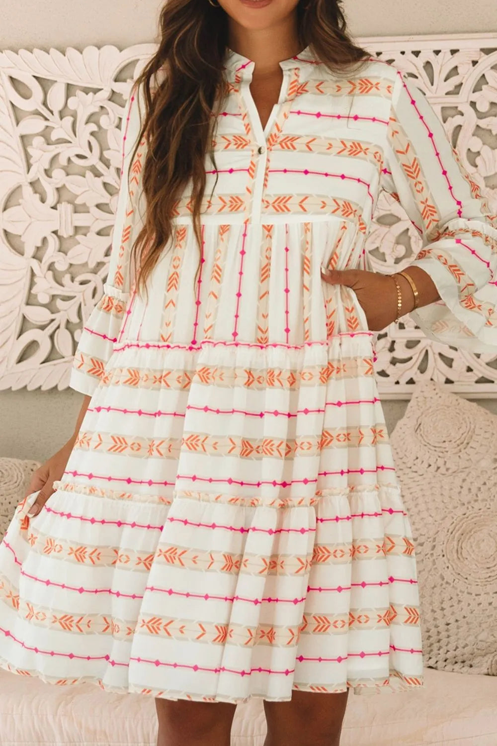 Printed Ruffled Notched Loose Dress - Codrington Expressions