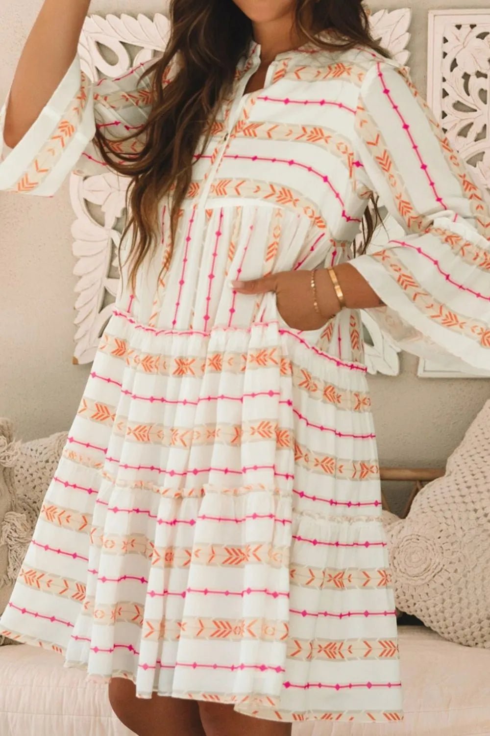 Printed Ruffled Notched Loose Dress - Codrington Expressions