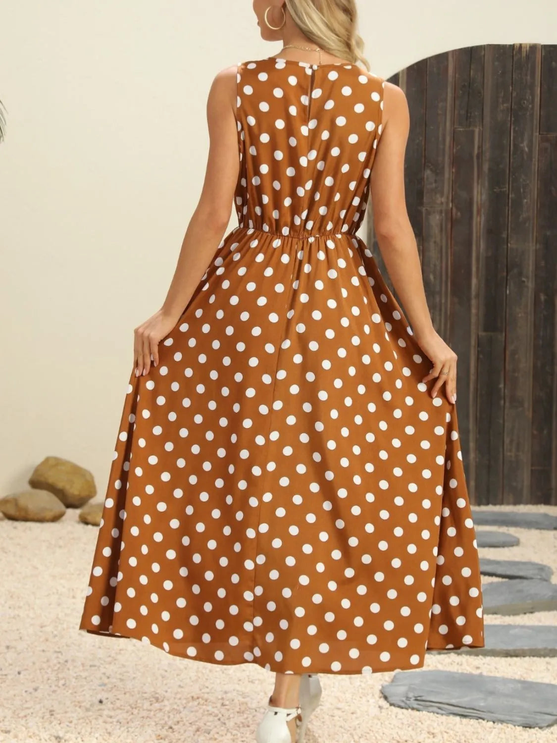 Polka Dot Round Neck Sleeveless Midi Dress - Codrington Expressions